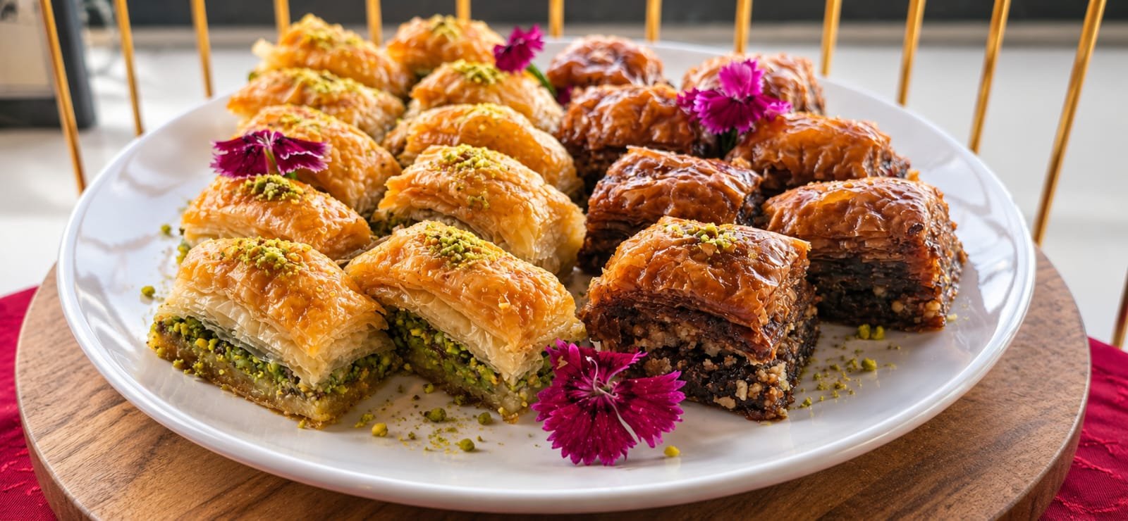 Baklava dessert platter with pistachio and edible flowers at a Grandeur Hospitality event