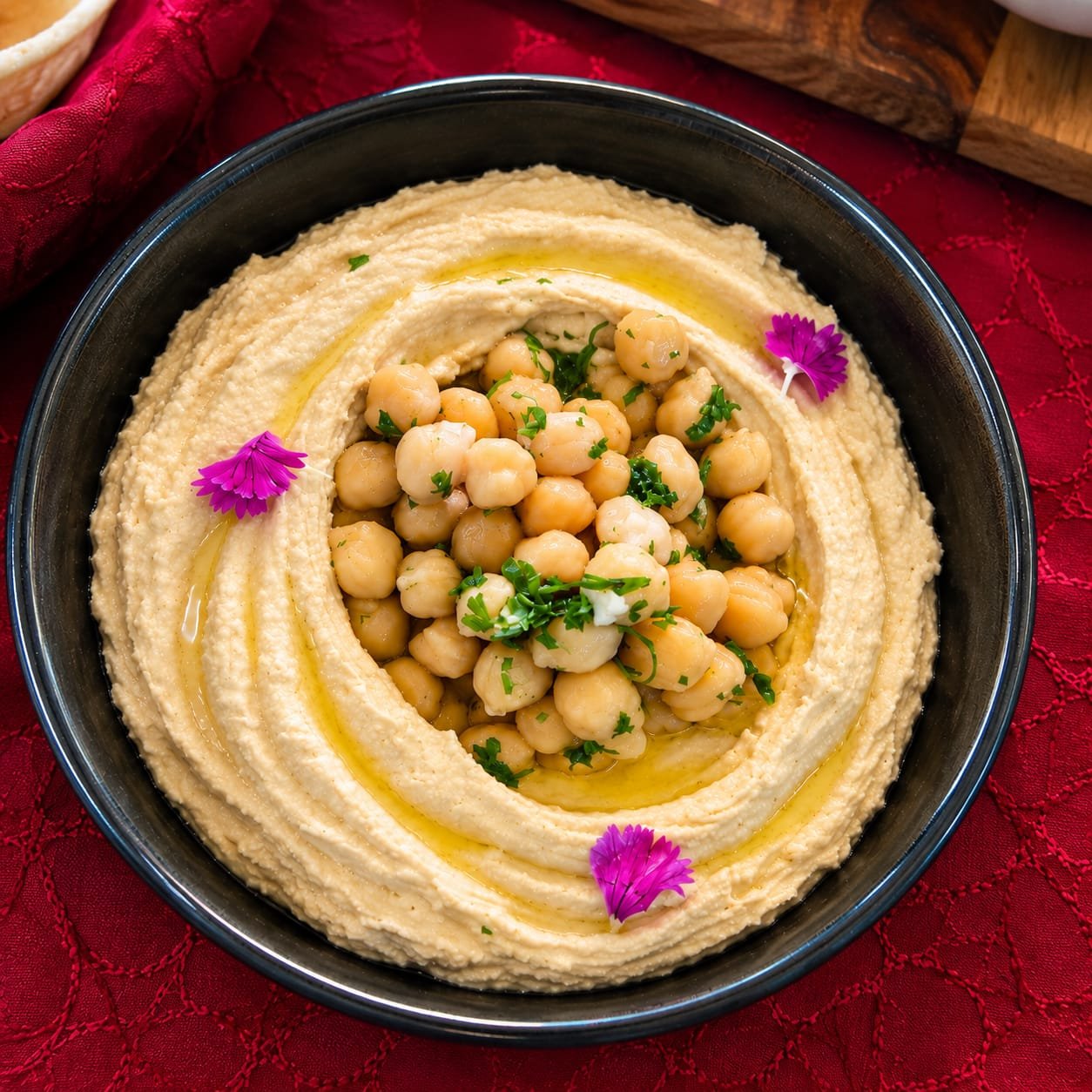 Hummus with chickpeas and herbs, garnished, served at a Grandeur Hospitality event