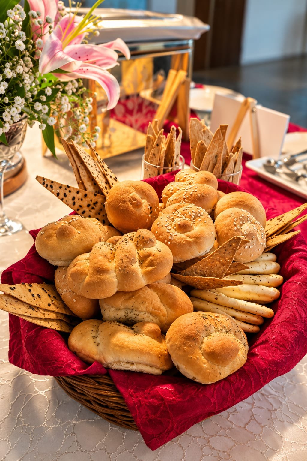 Assorted bread rolls and crackers in a basket at a Grandeur Hospitality event