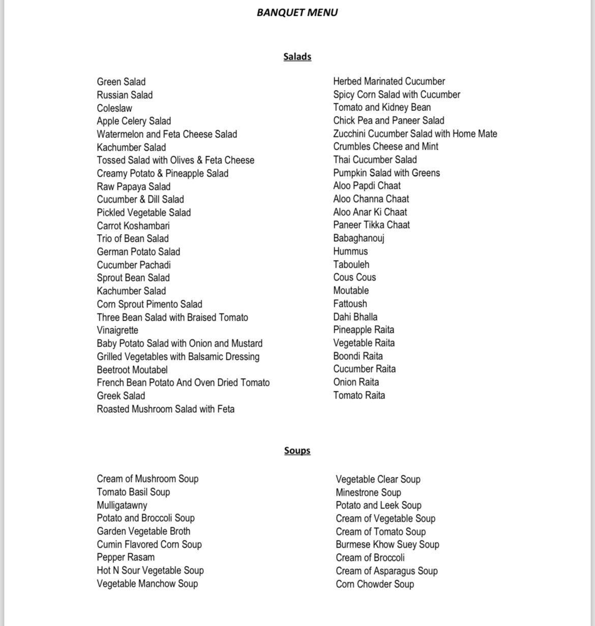 Banquet menu list for premium vegetarian catering services