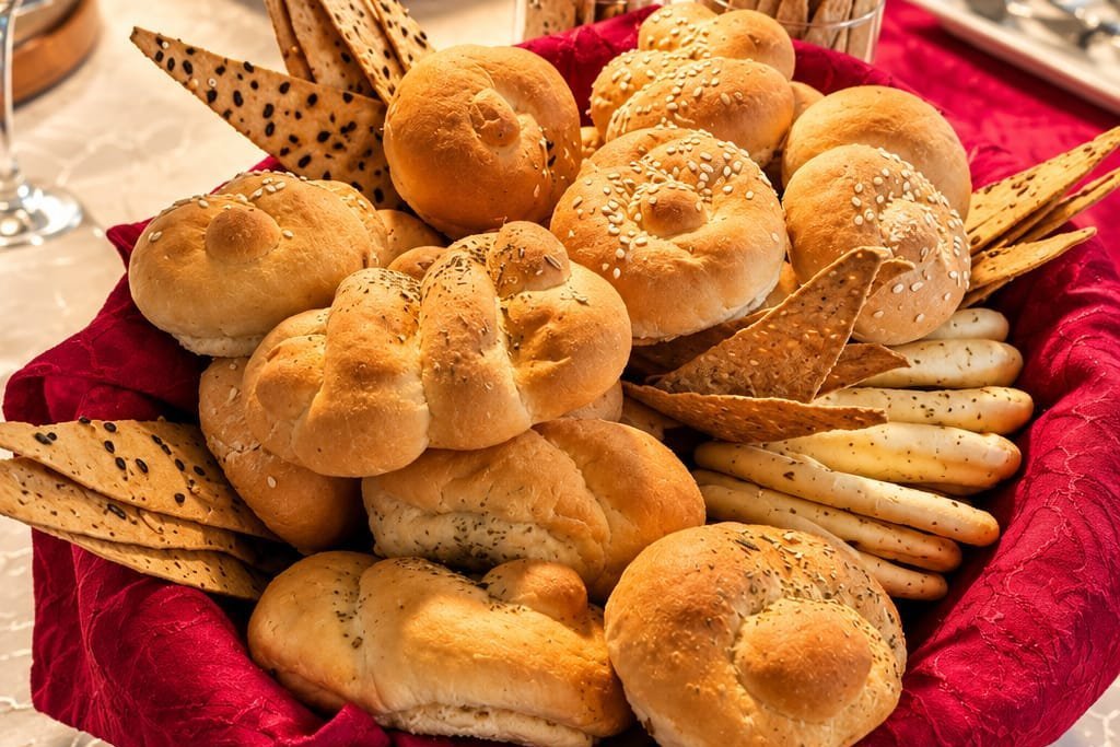 Assorted bread rolls and crackers in a basket on a buffet table