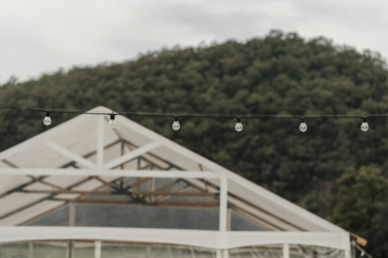Glass-roofed tent with string lights on a misty hillside