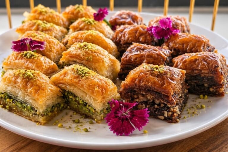Baklava dessert platter with pistachio and edible flowers